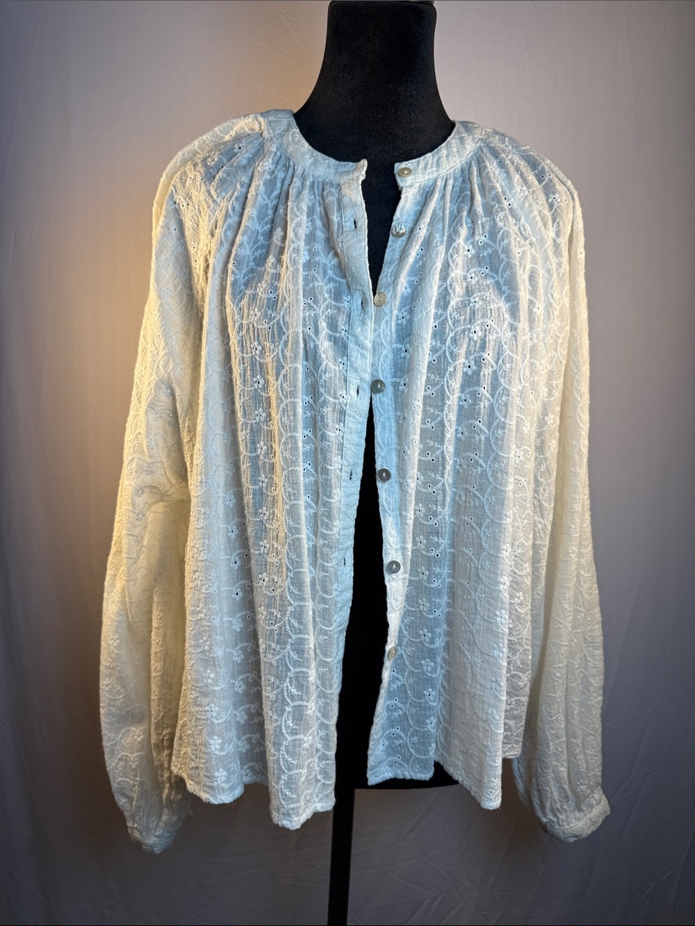Free People Ivory Embroidered Eyelet Lace Button-Front Blouse Jacket